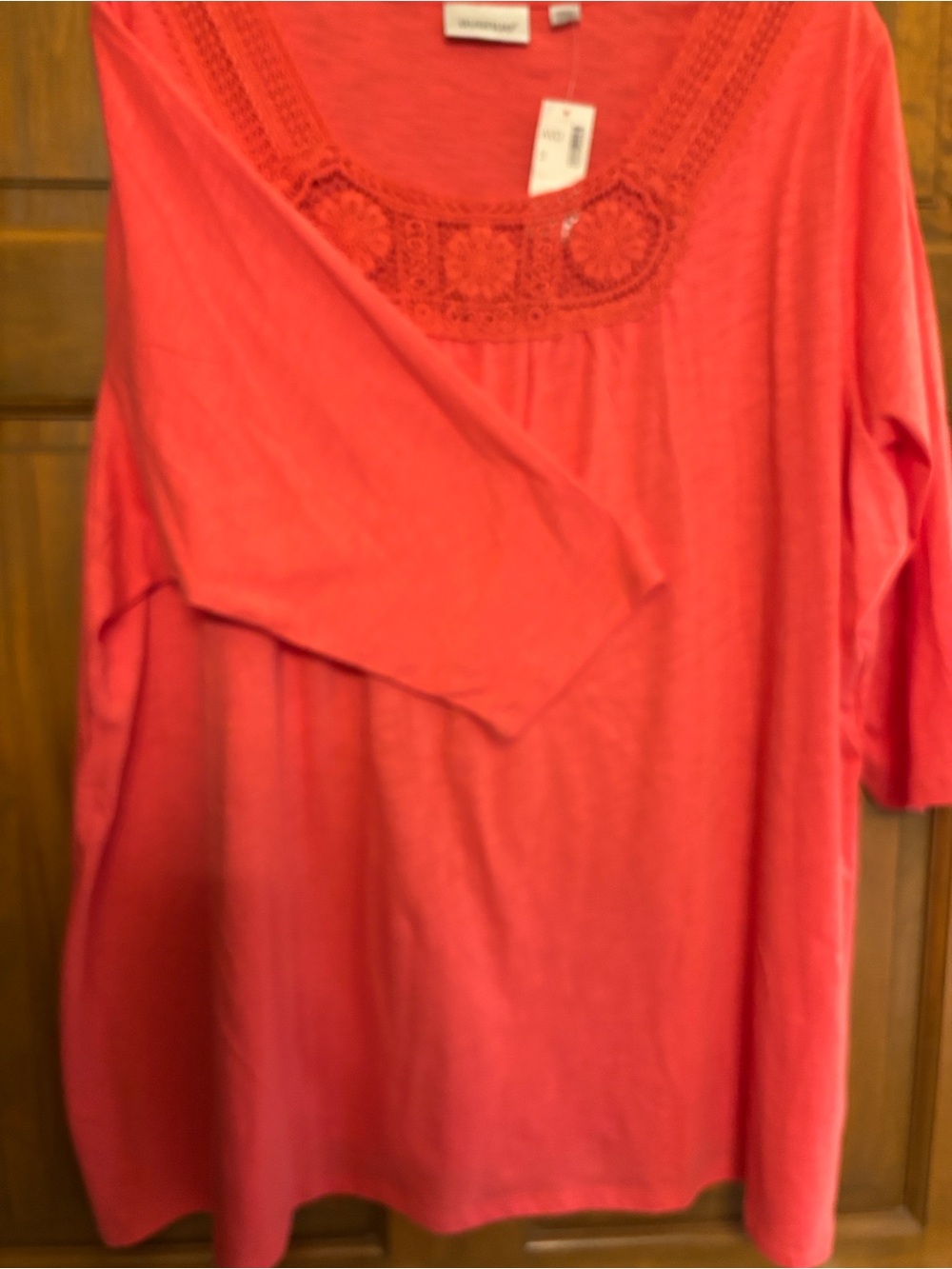 Avenue Coral Crochet-Trim Long Sleeve Scoop Neck Top